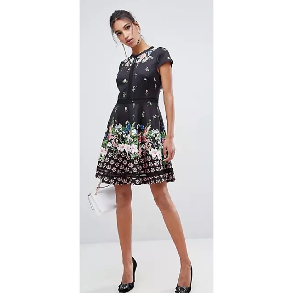 Ted Baker Daissie Florence Trim Floral Skater Dress Black Pink Size S